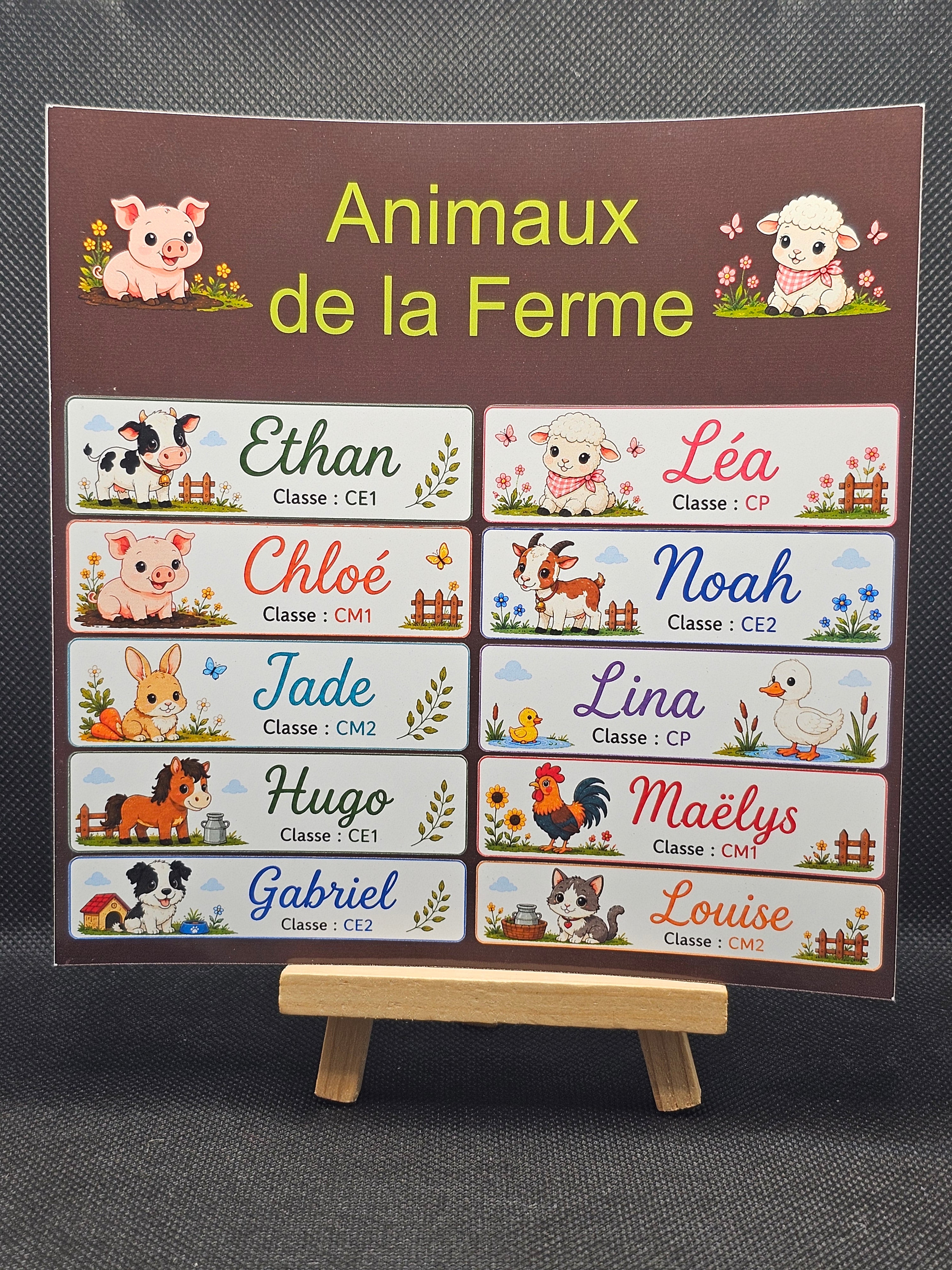 Étiquettes scolaire personnalisées — Thème Animaux de la Ferme —