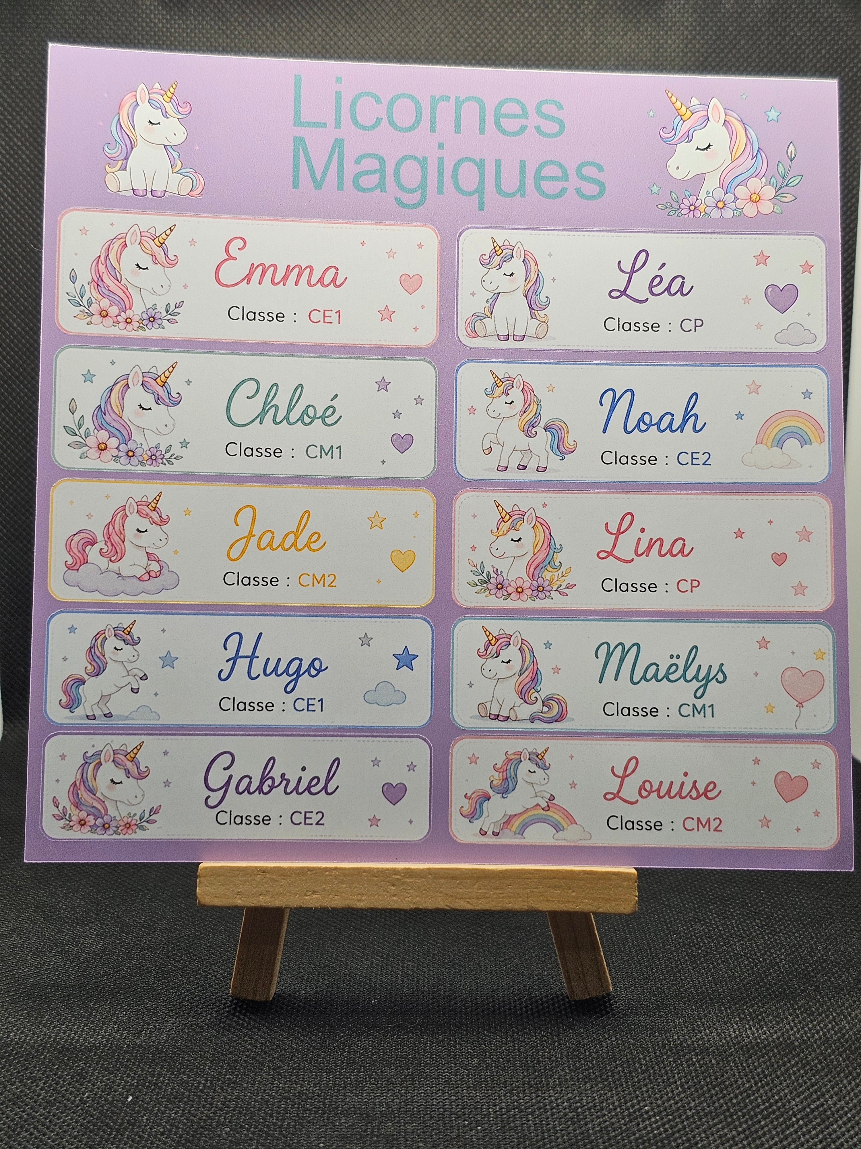Étiquettes scolaire personnalisées — Thème Licornes Magiques —