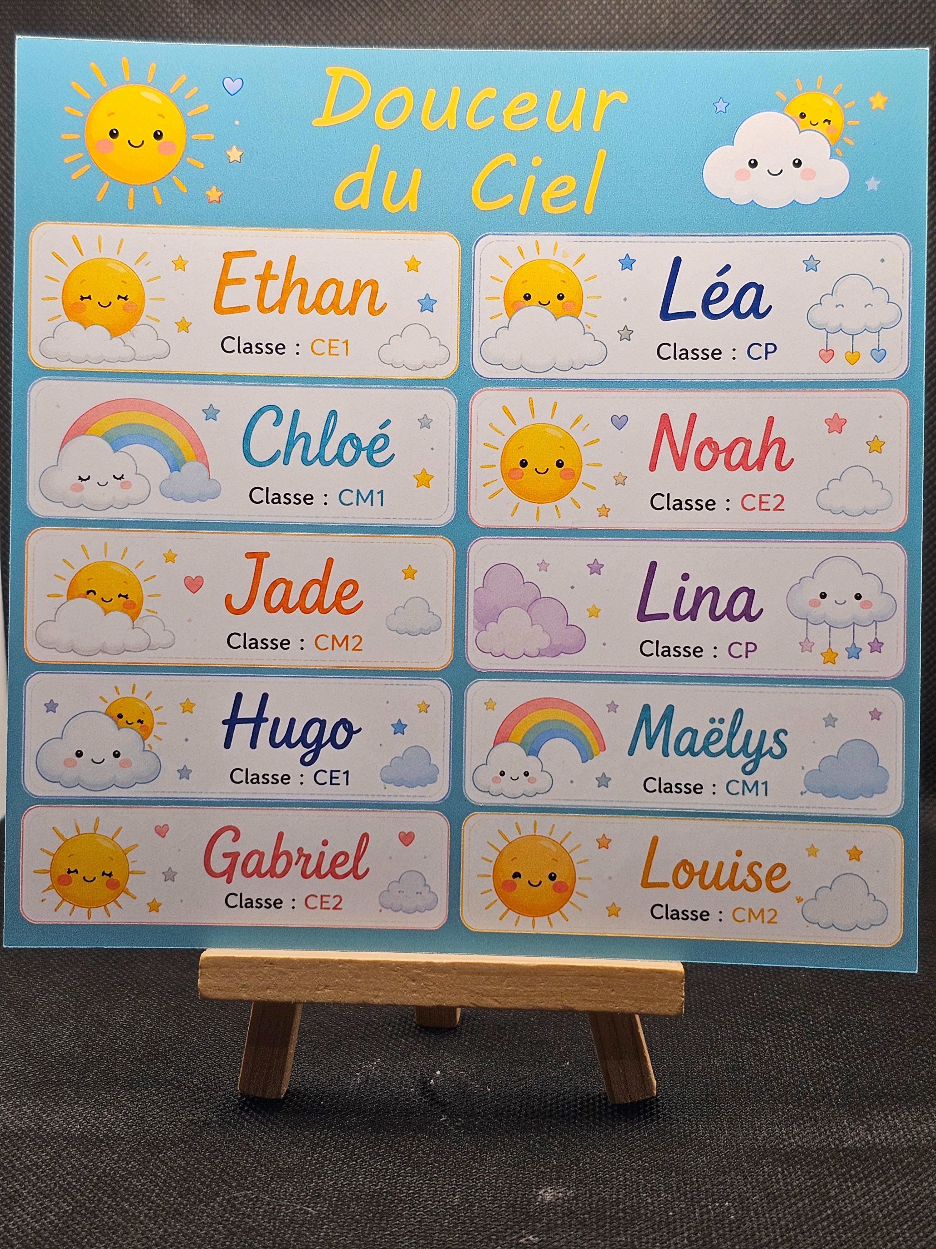 Étiquettes scolaire personnalisées — Thème Douceur du Ciel —