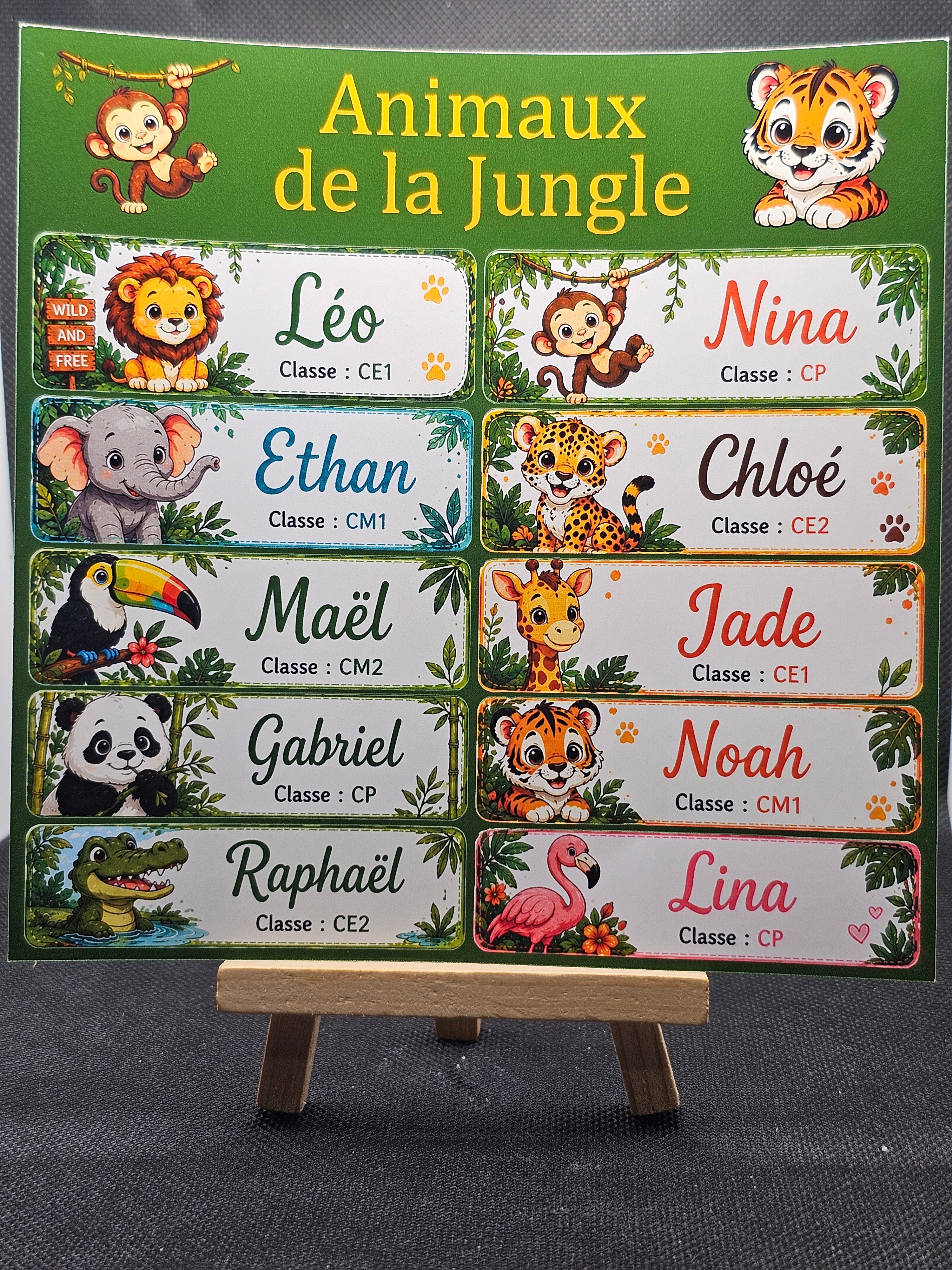Étiquettes scolaire personnalisées — Thème Animaux de la Jungle —
