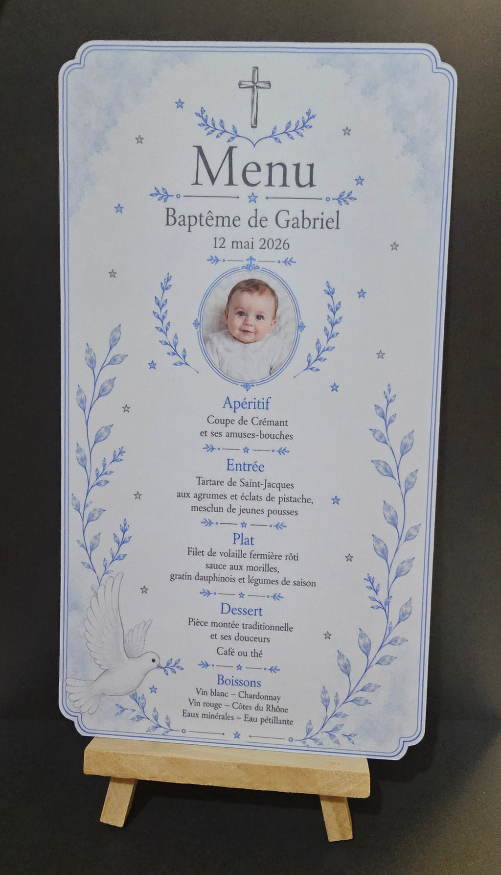 Menu de Baptême personnalisé avec photo — Douceur Céleste 💙