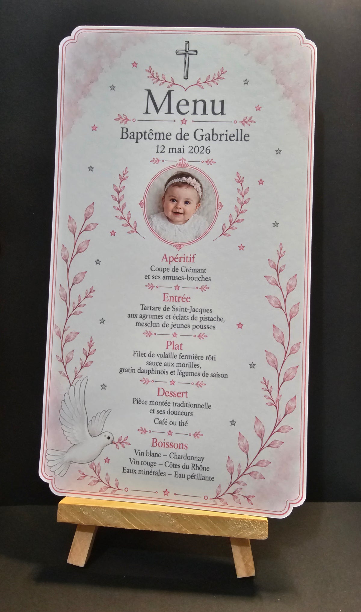 Menu de Baptême personnalisé avec photo — Douceur Céleste 🌸