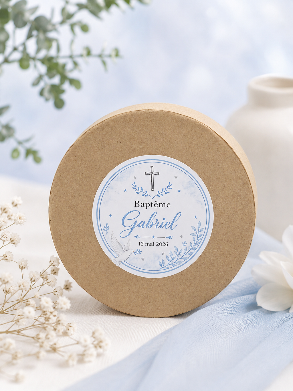 Étiquette ronde Baptême personnalisée 💙