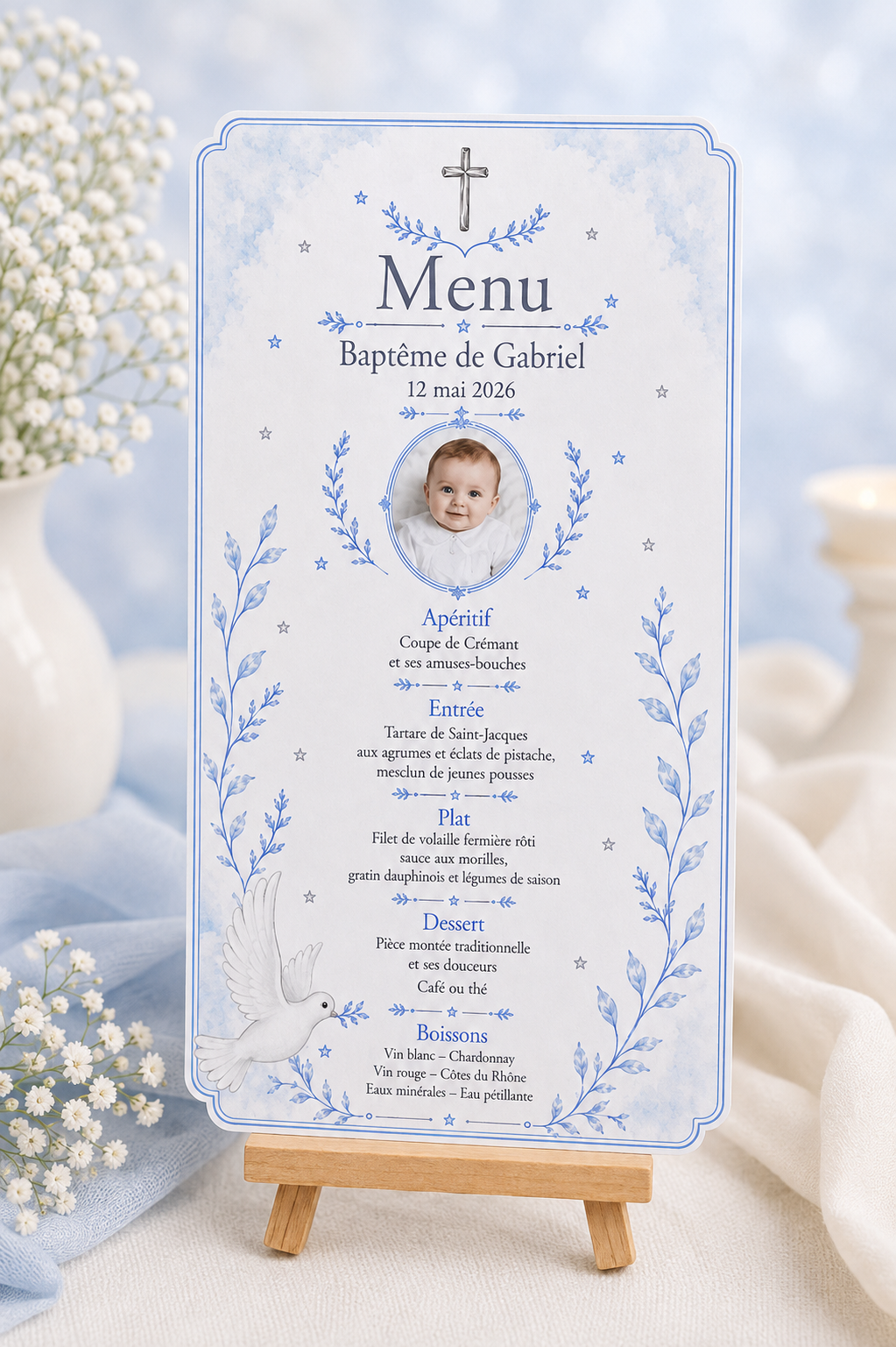 Menu de Baptême personnalisé avec photo — Douceur Céleste 💙