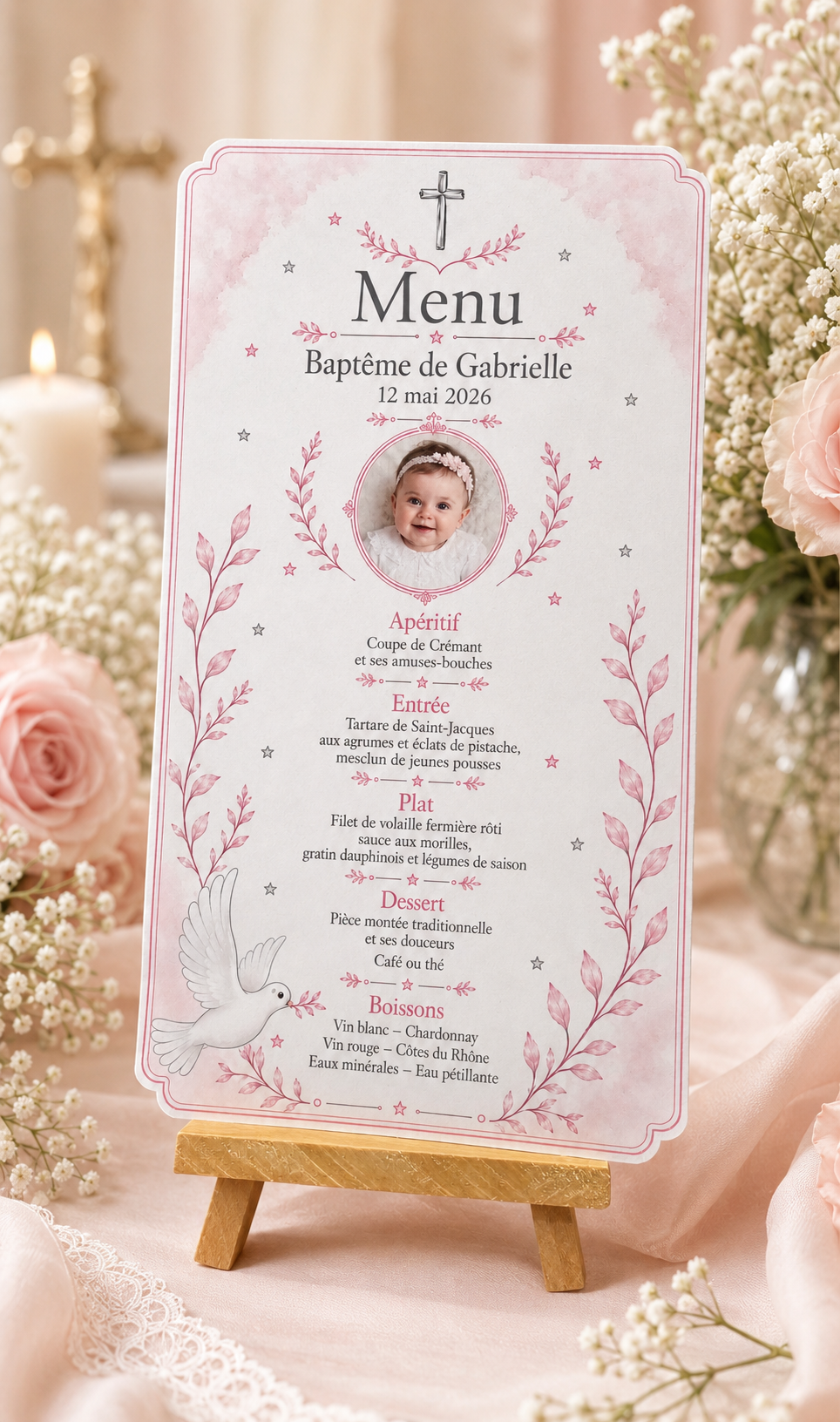 Menu de Baptême personnalisé avec photo — Douceur Céleste 🌸