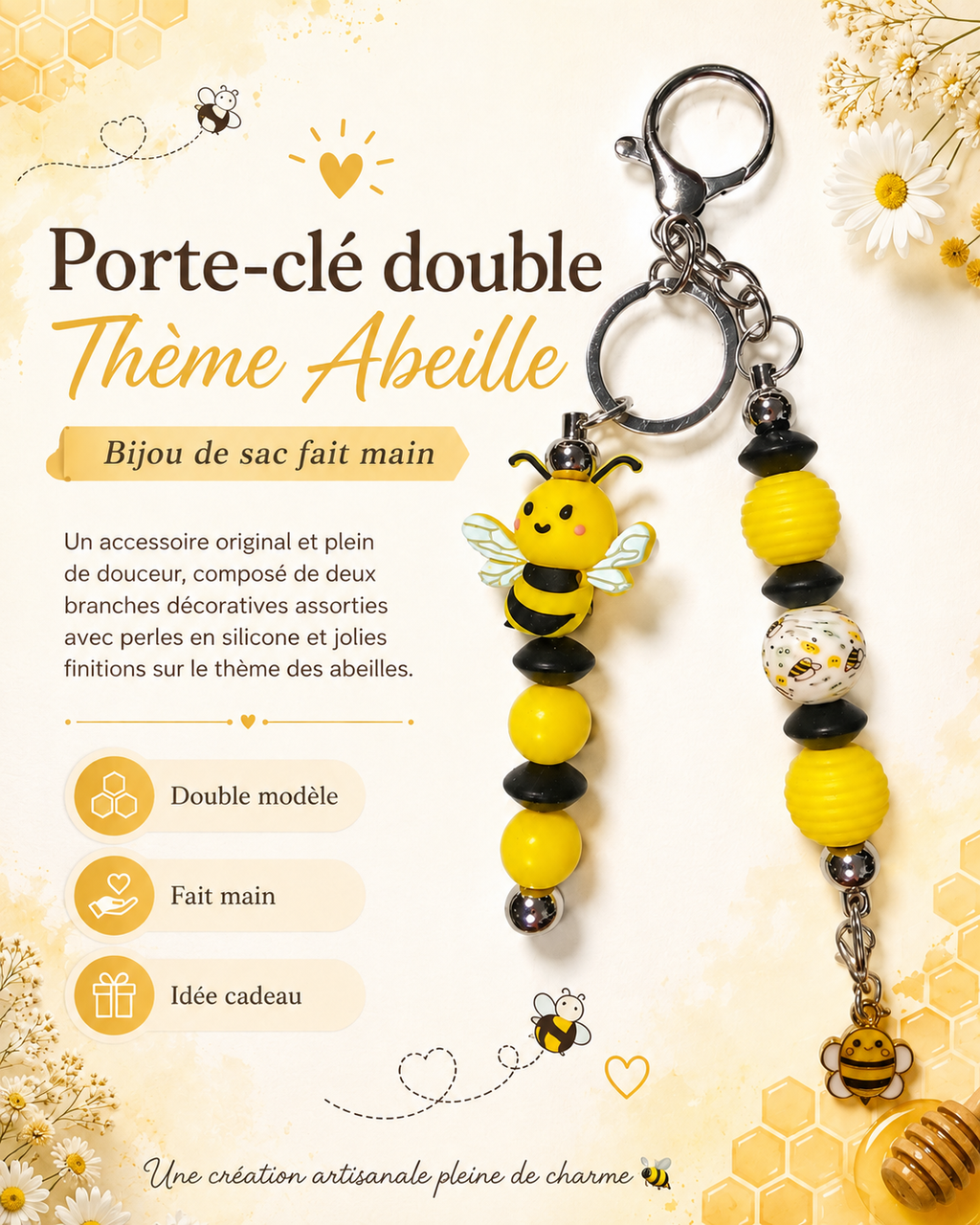Porte-clés double — Thème Abeille 🐝🍯 —