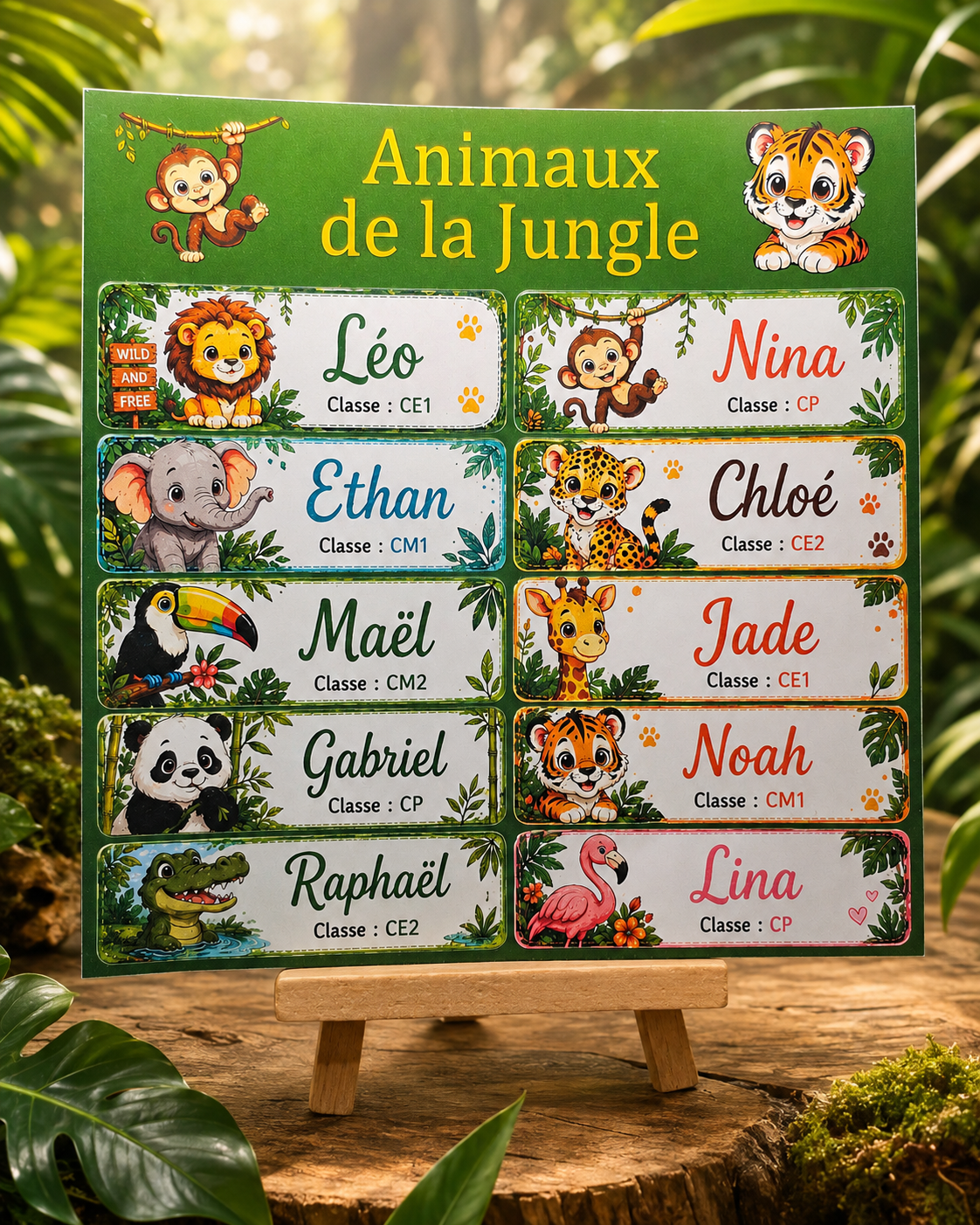 Étiquettes scolaire personnalisées — Thème Animaux de la Jungle —