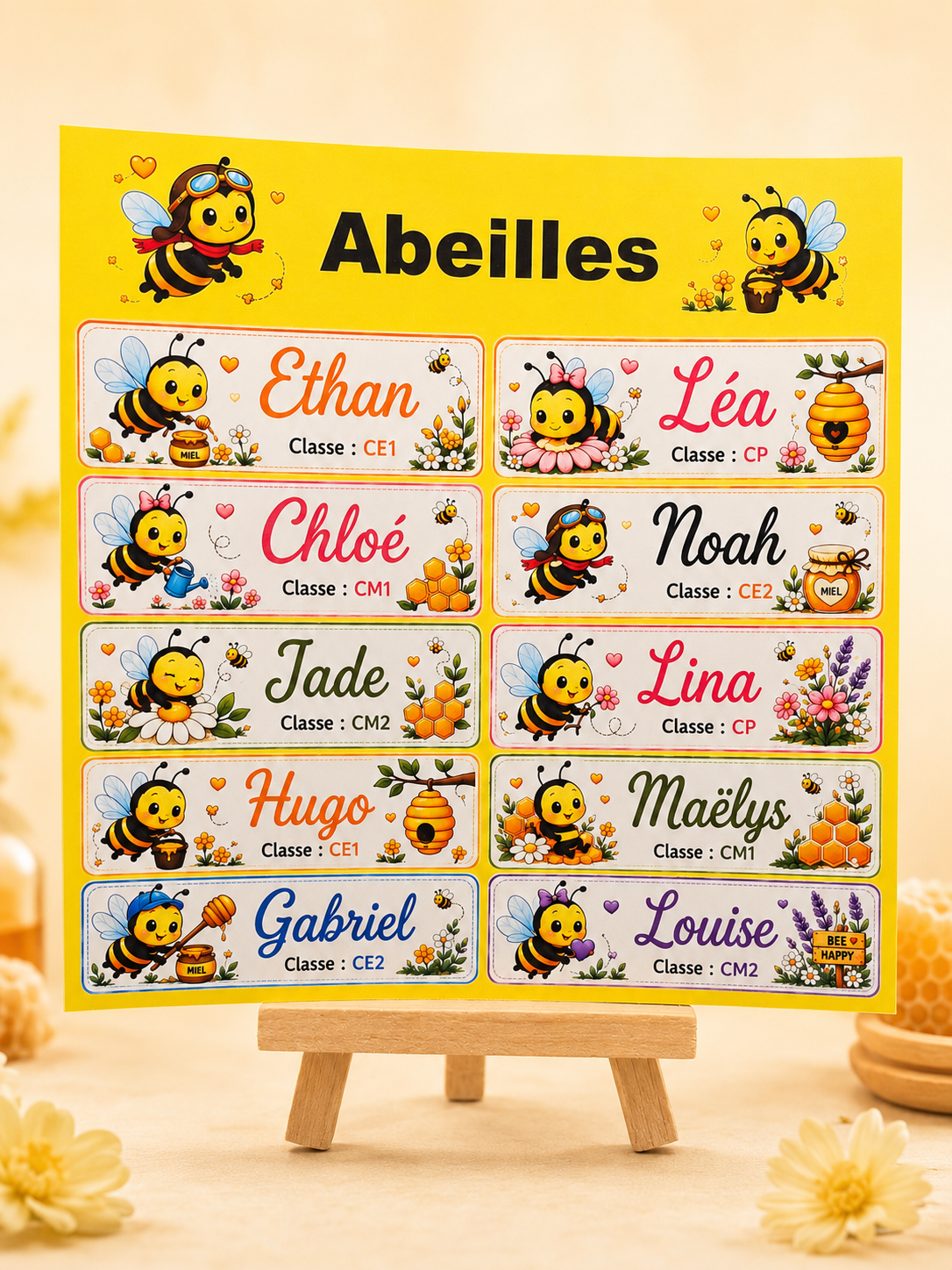 Étiquettes scolaire personnalisées — Thème Abeilles —