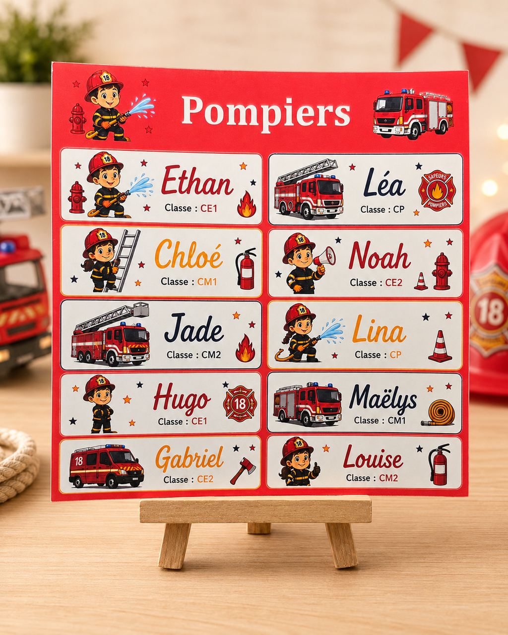 Étiquettes scolaire personnalisées — Thème Pompiers —