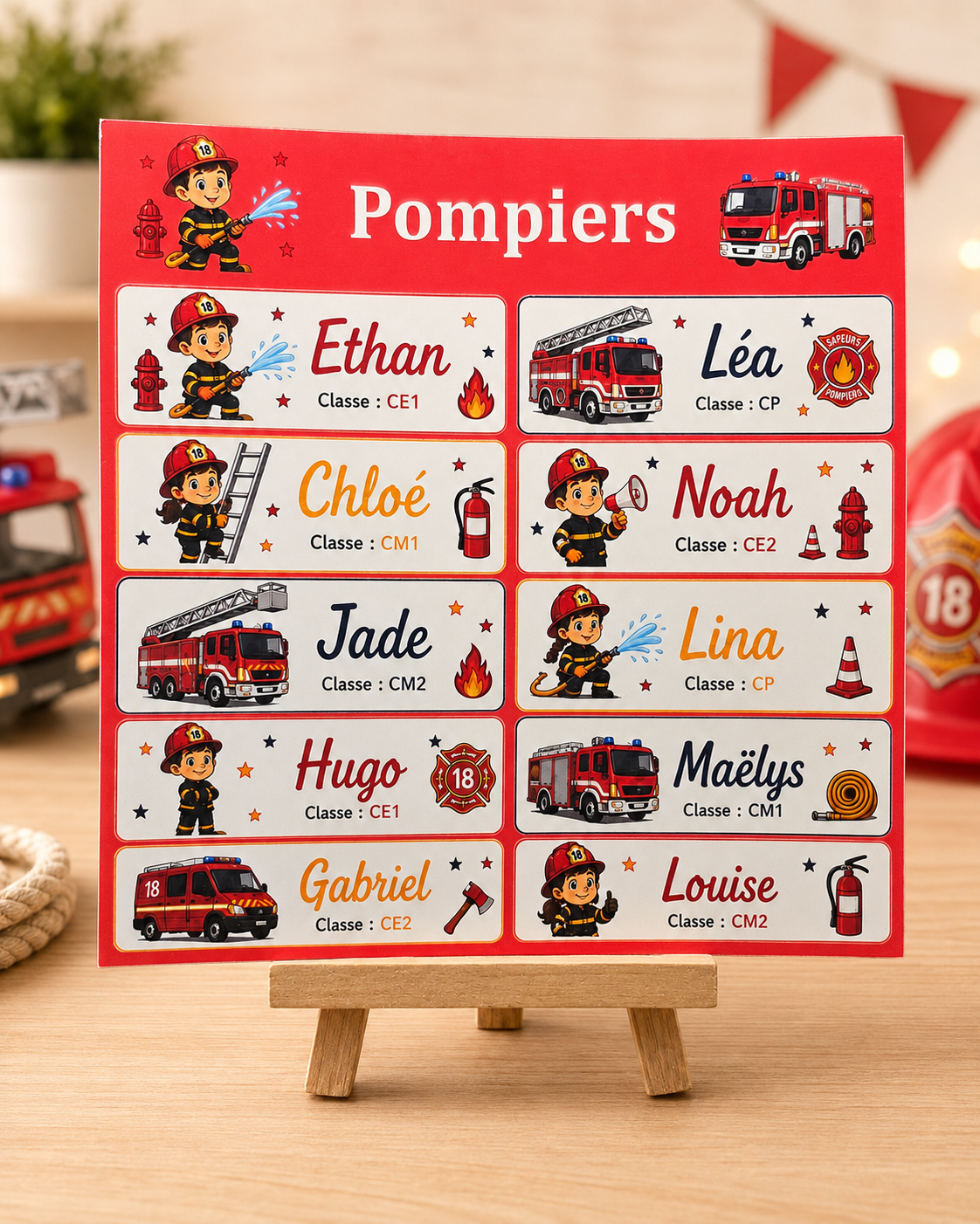 Étiquettes scolaire personnalisées — Thème Pompiers —