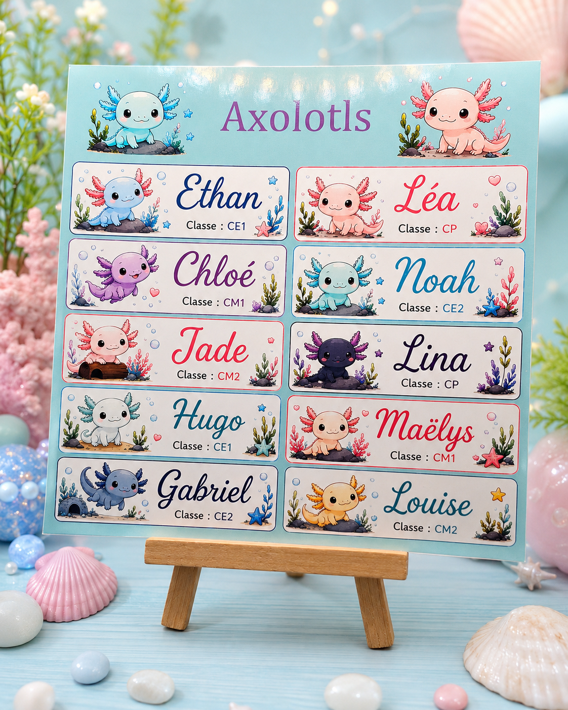Étiquettes scolaire personnalisées — Thème Axolotls —