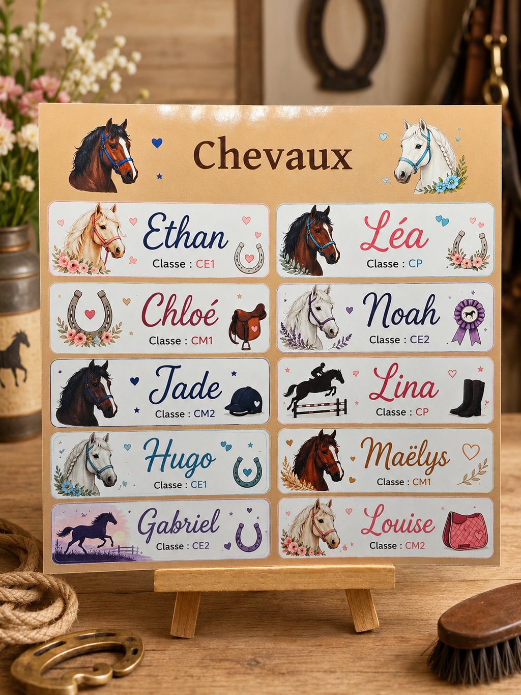 Étiquettes scolaire personnalisées — Thème Chevaux —