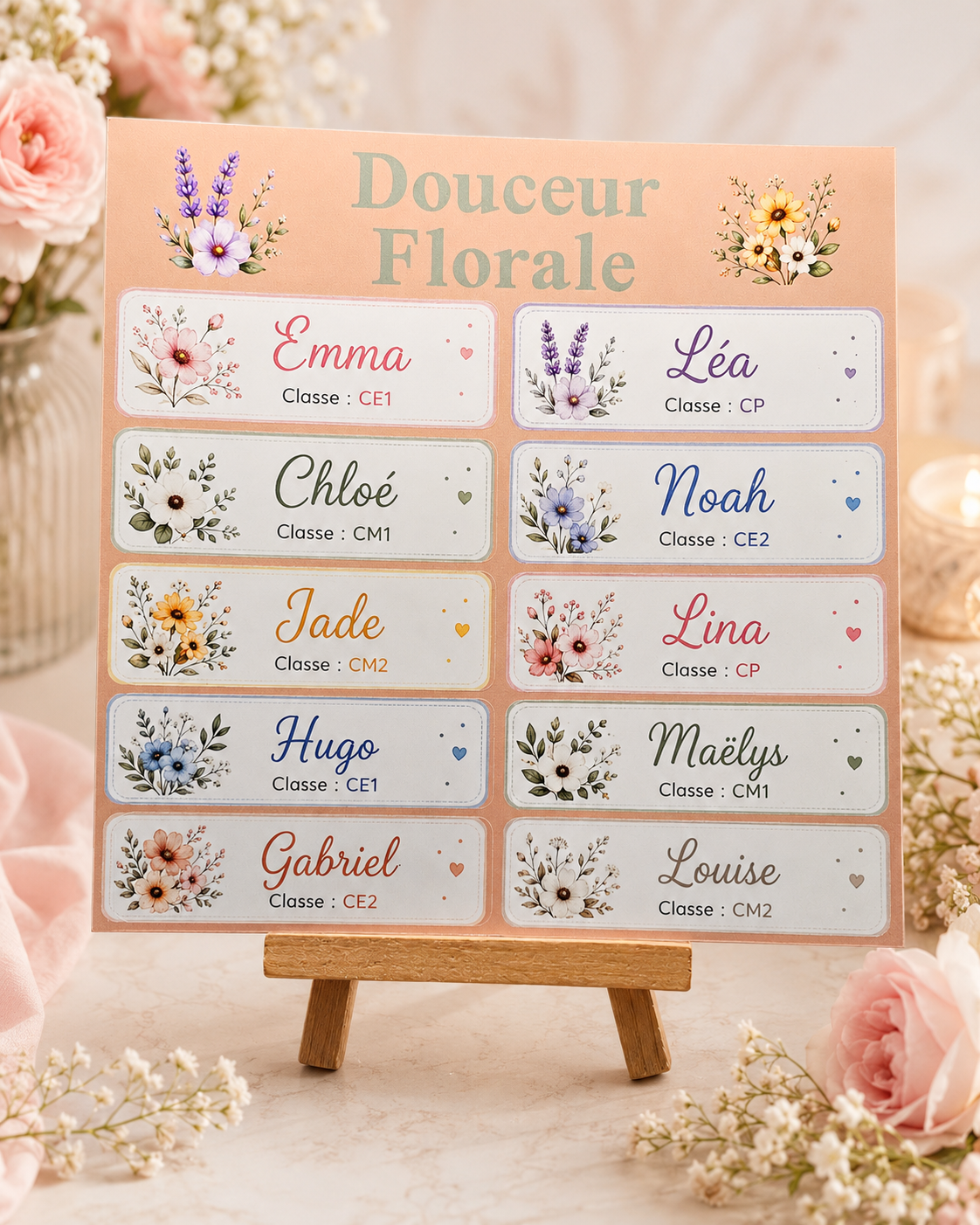 Étiquettes scolaire personnalisées — Thème Douceur Florale —