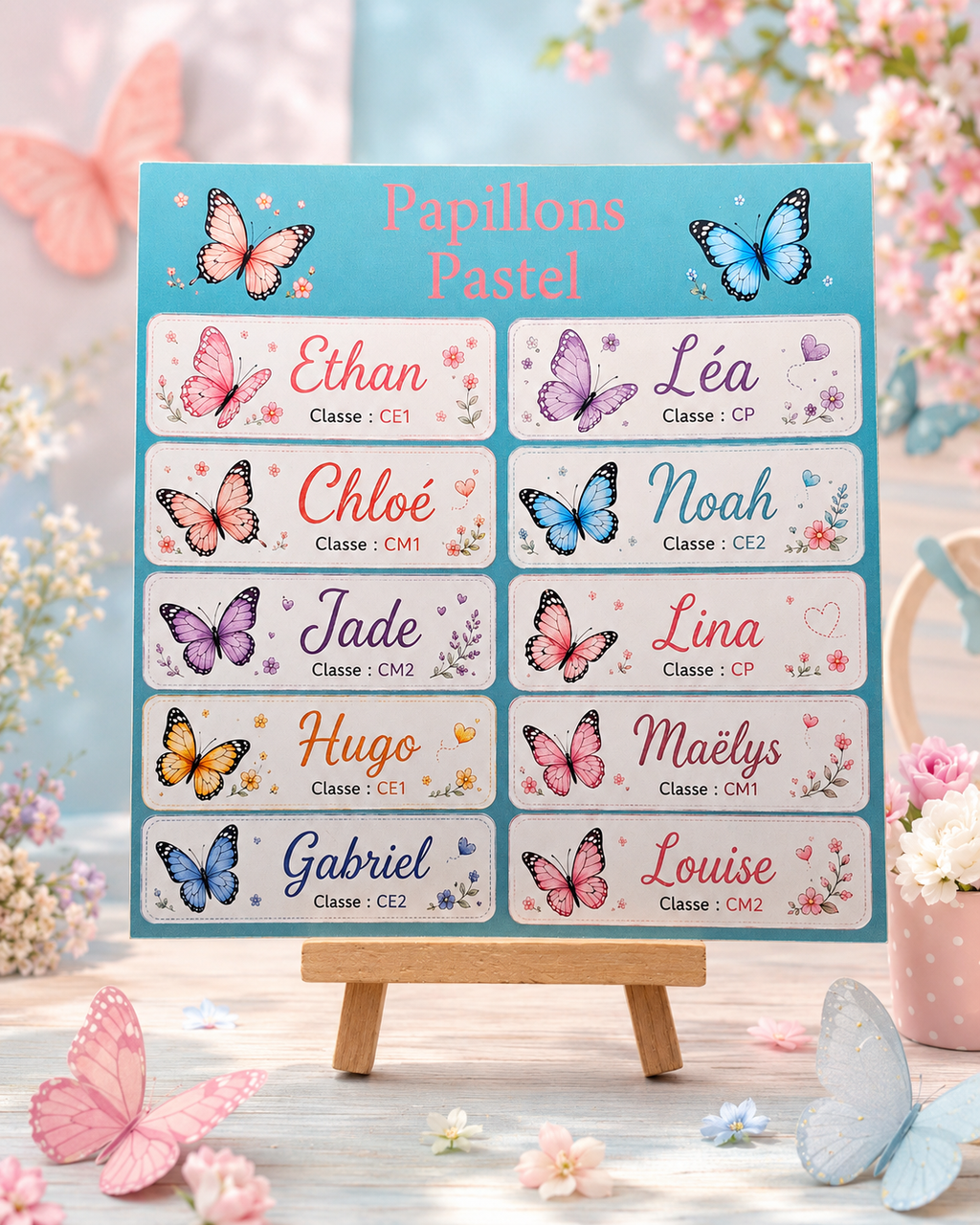 Étiquettes scolaire personnalisées — Thème Papillons Pastel —
