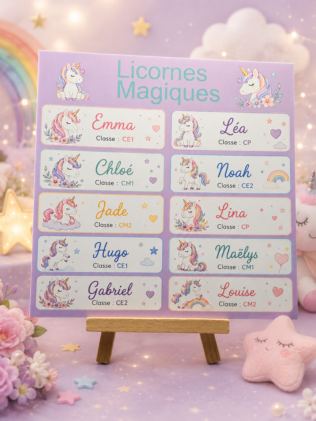 Étiquettes scolaire personnalisées — Thème Licornes Magiques —
