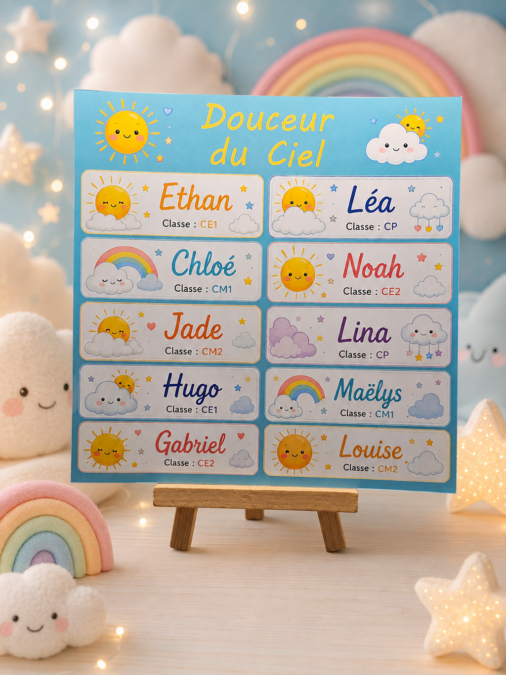 Étiquettes scolaire personnalisées — Thème Douceur du Ciel —
