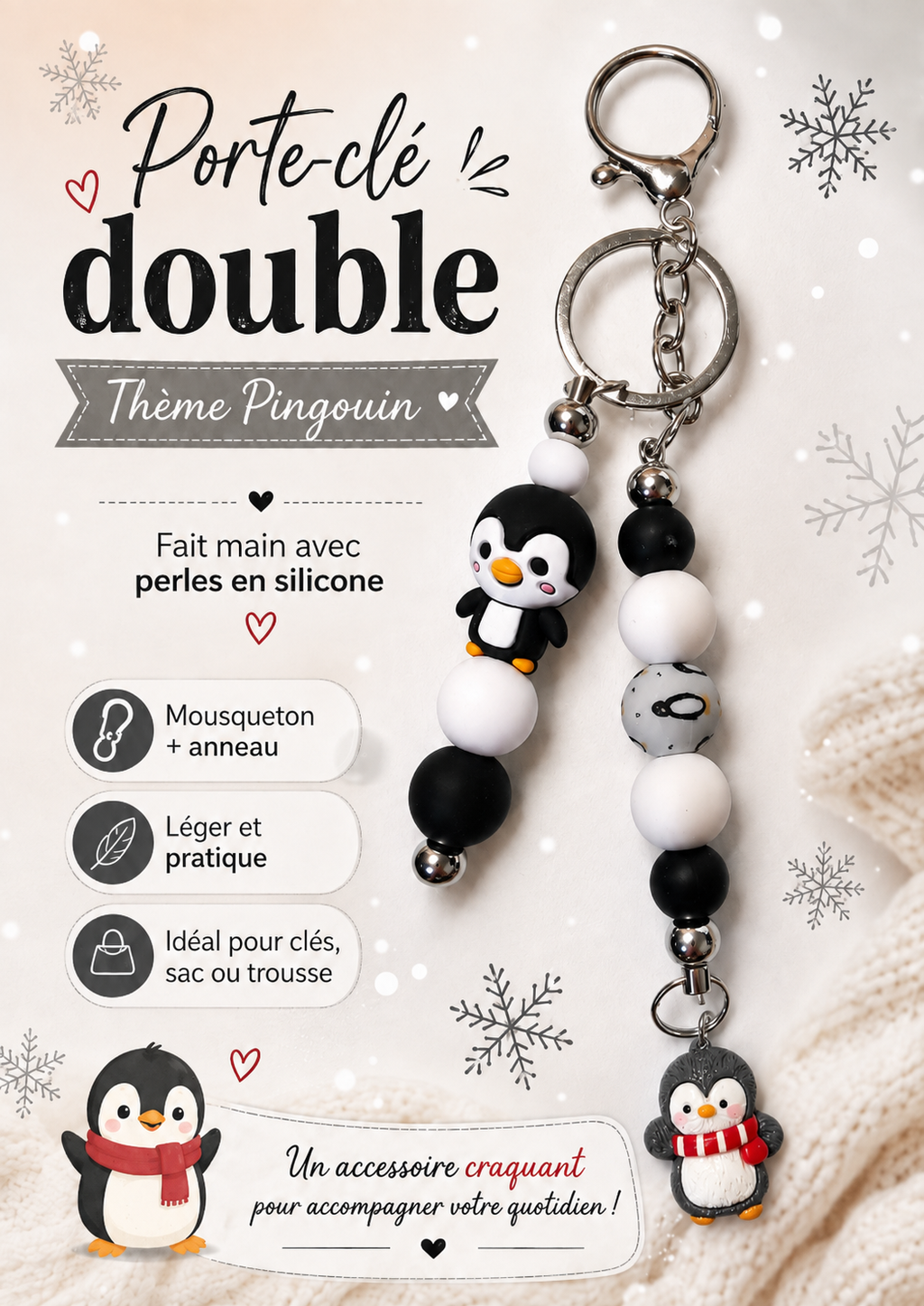 Porte-clés double — Thème Pingouin 🐧❄️ —